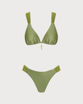 Green V Neck Textured Bikini Set