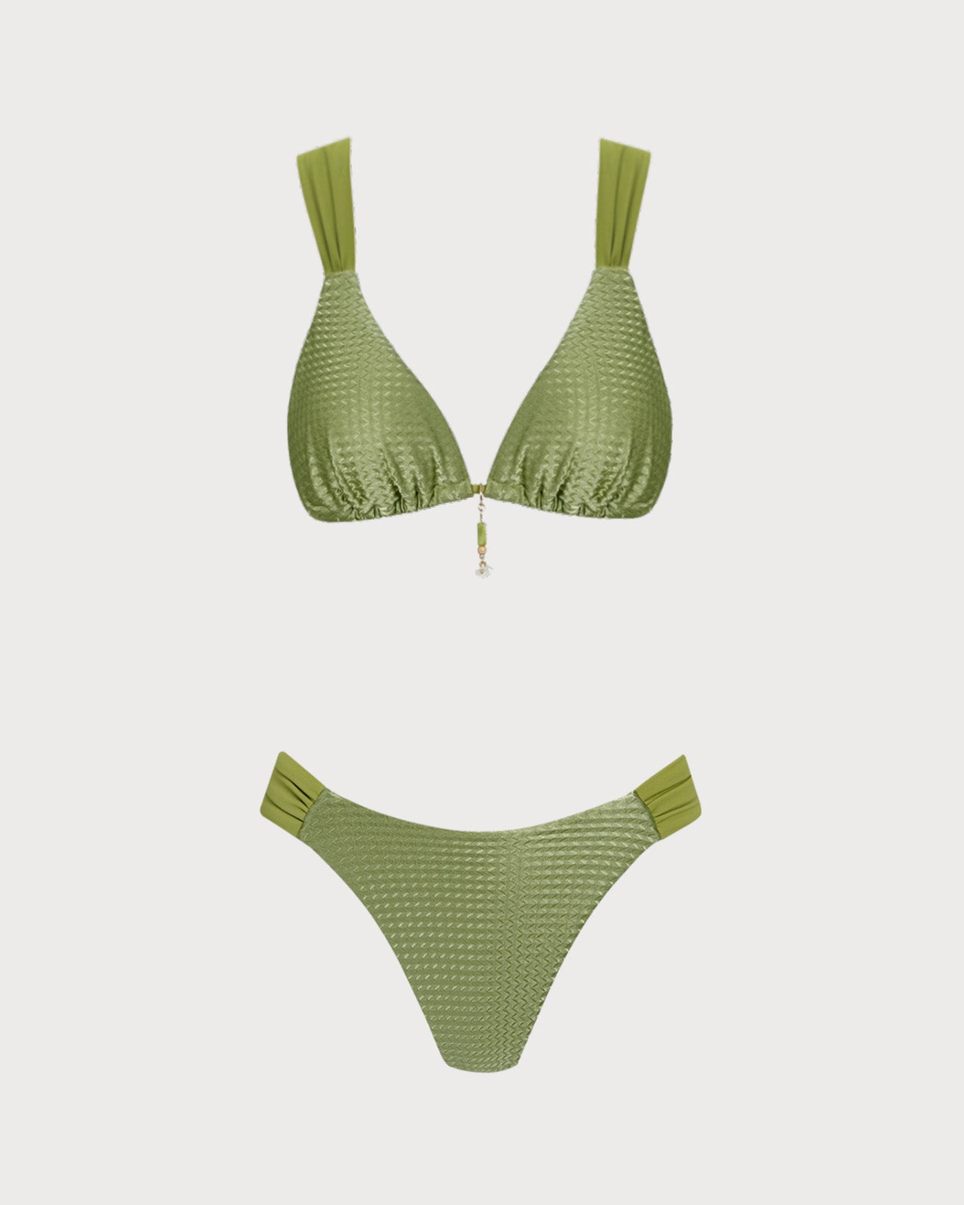 Green V Neck Textured Bikini Set