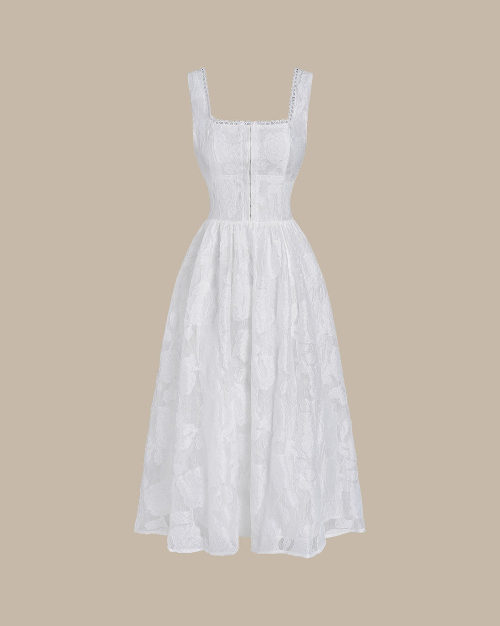 White Jacquard Shirred Slip Midi Dress