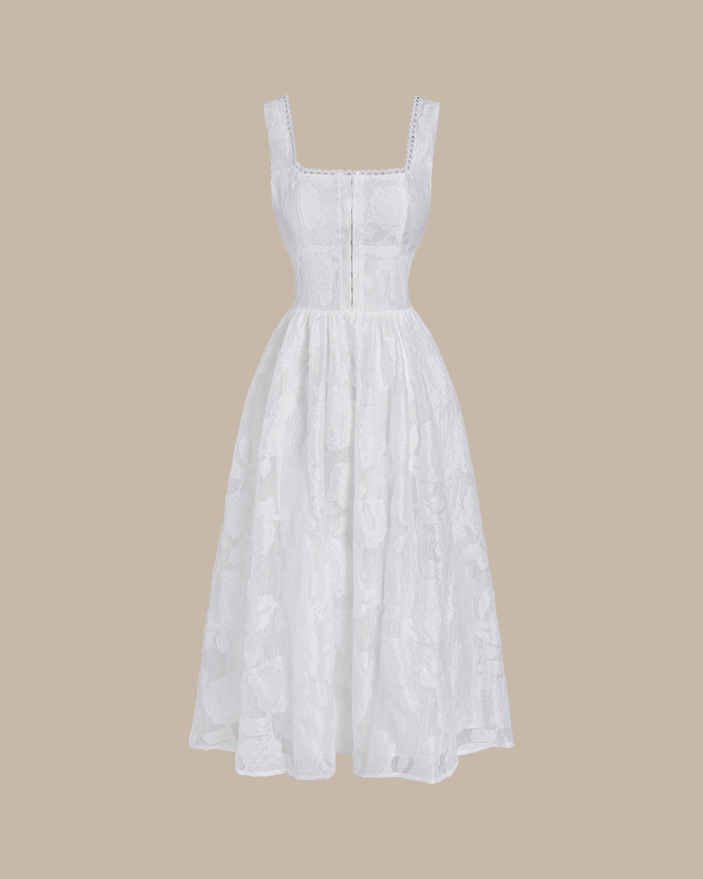 White Jacquard Shirred Slip Midi Dress