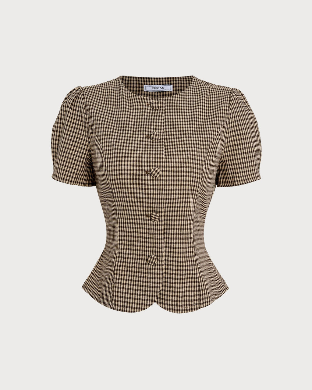 Brown Plaid Puffed Sleeve Blouse