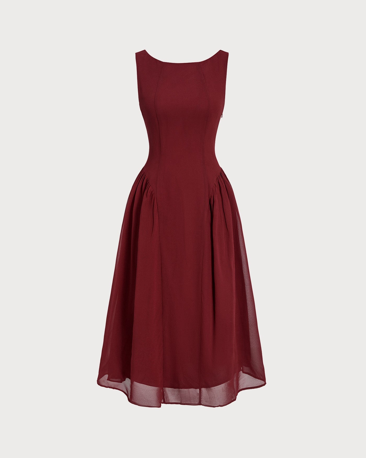Wine Red Chiffon Sleeveless Midi Dress