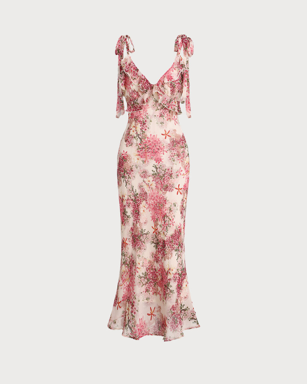 Pink Floral Ruffle Tie Strap Midi Dress