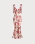 Pink Floral Ruffle Tie Strap Midi Dress