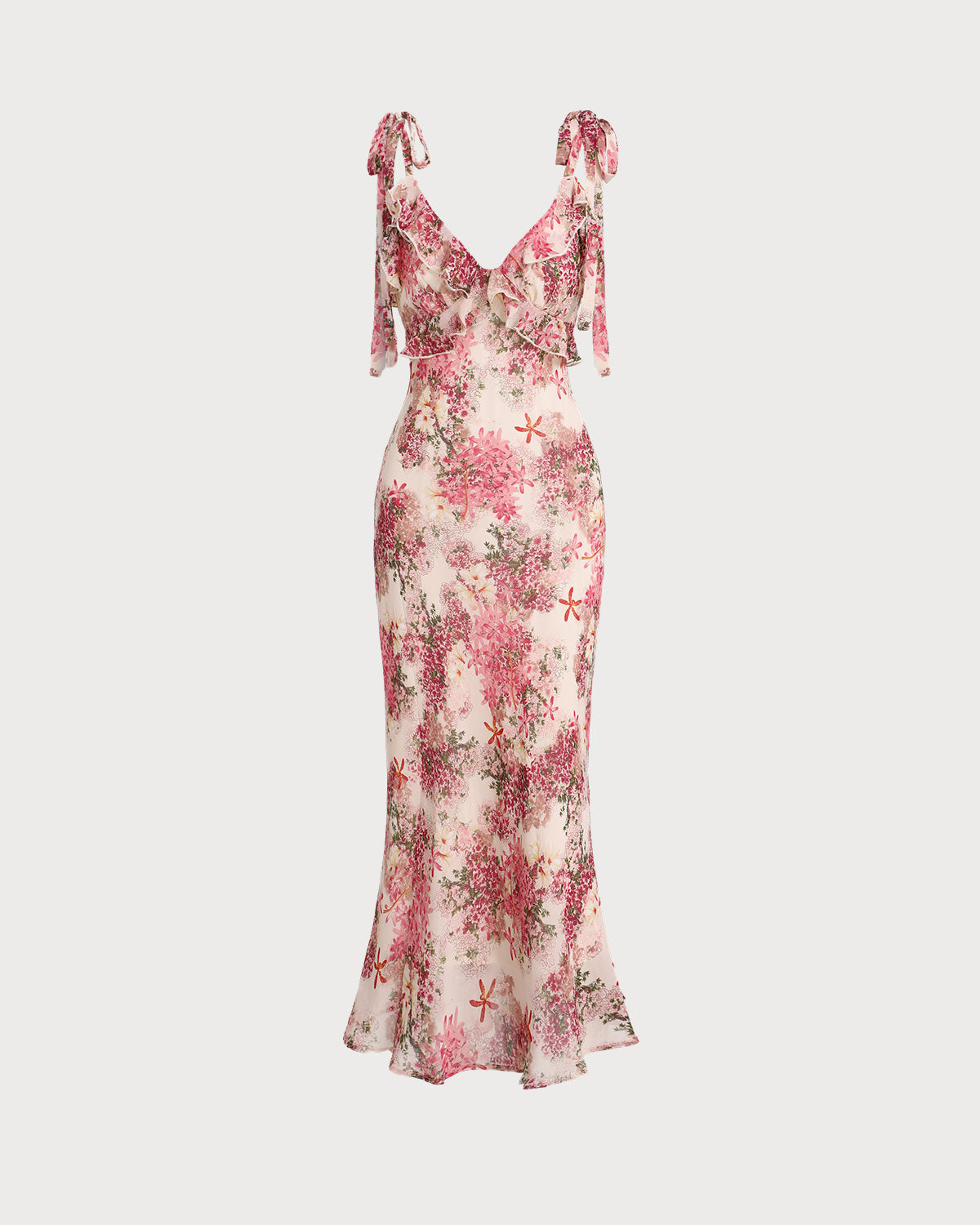 Pink Floral Ruffle Tie Strap Midi Dress
