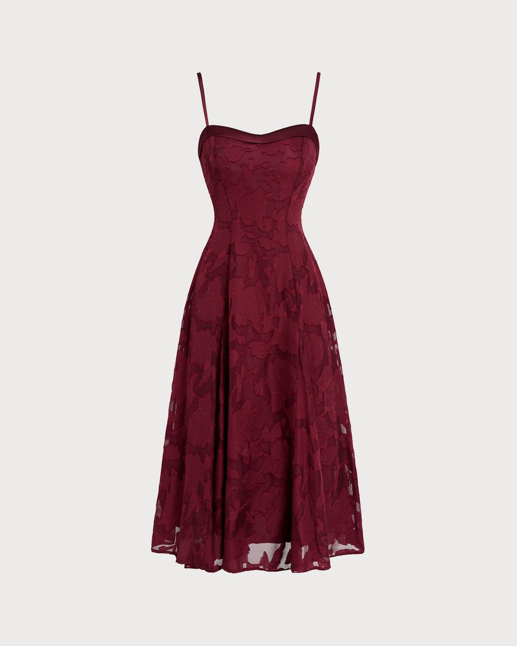 Wine Red Sweetheart Neck Jacquard Slip Midi Dress