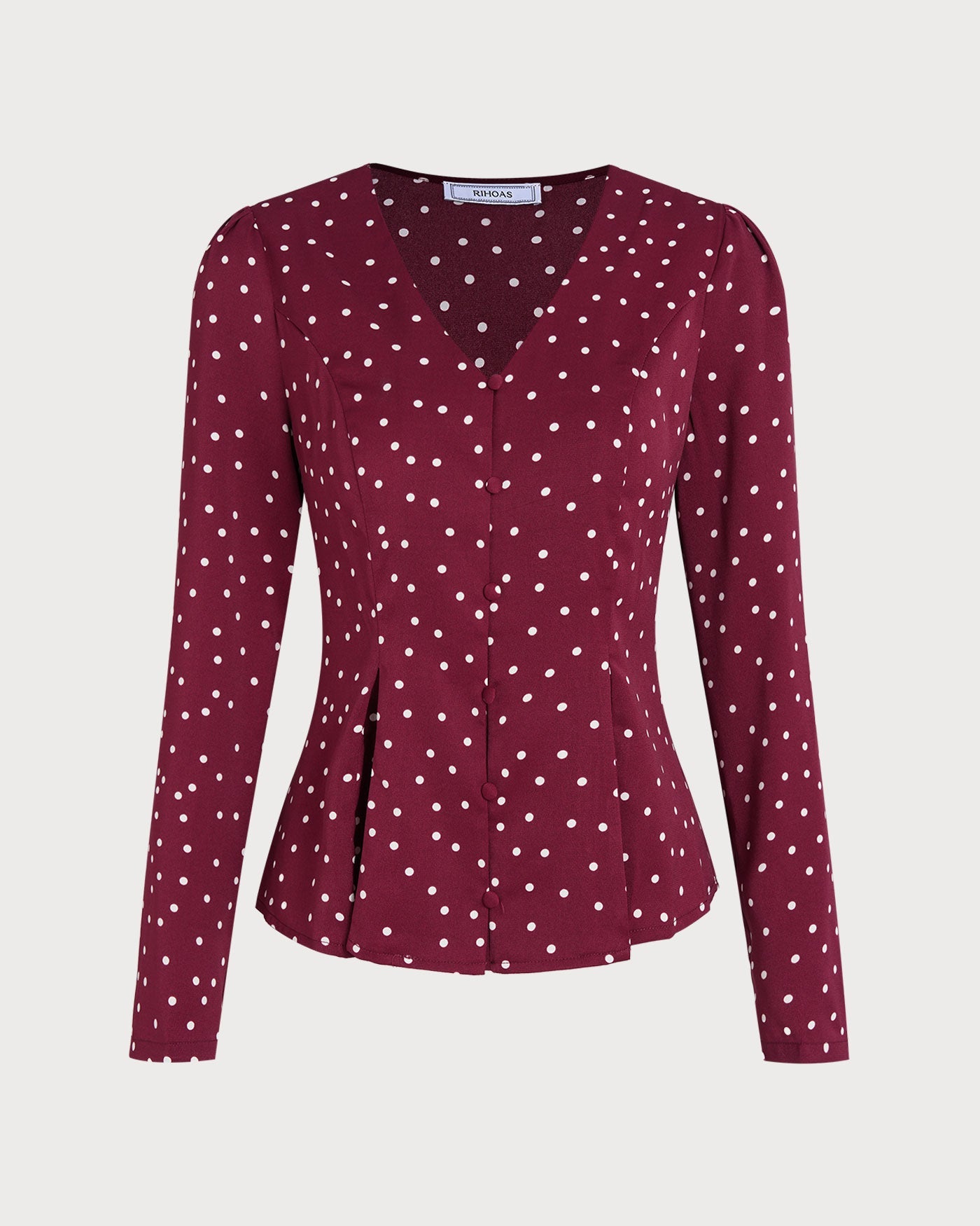 Wine Red Polka Dot V Neck Blouse