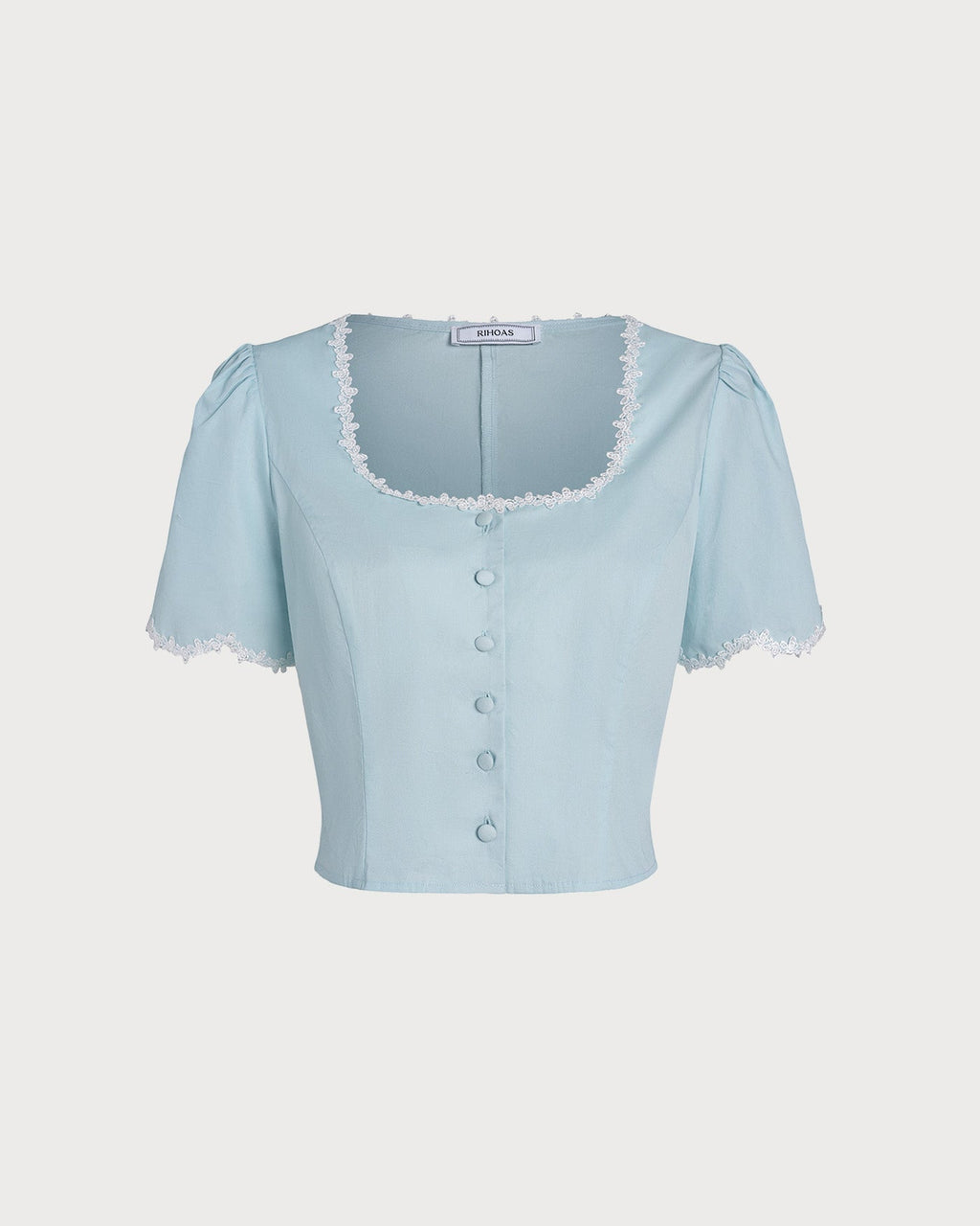 Light Blue Lace Button Square Neck Shirt