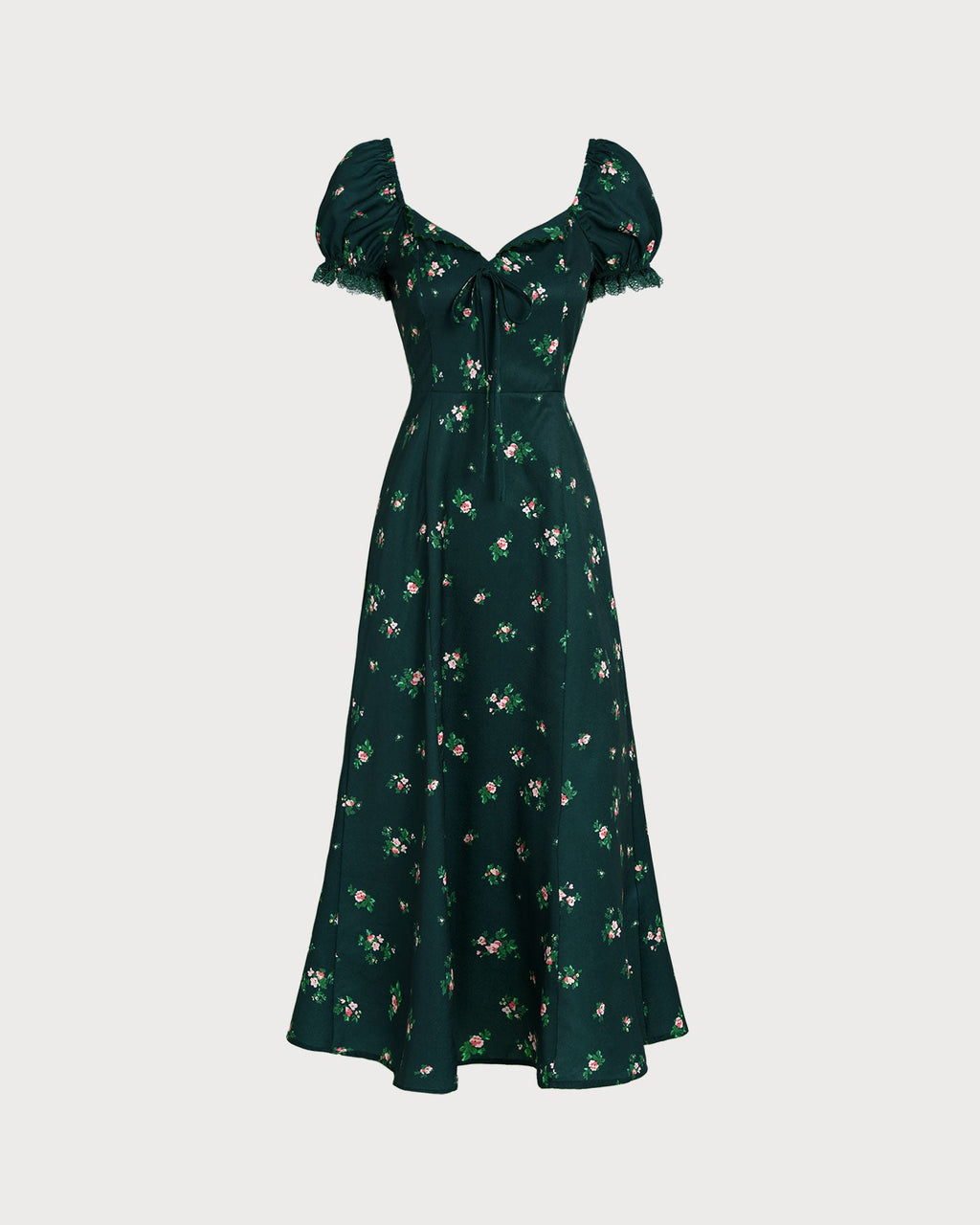 Green Puffed Sleeve Floral Midi Dress