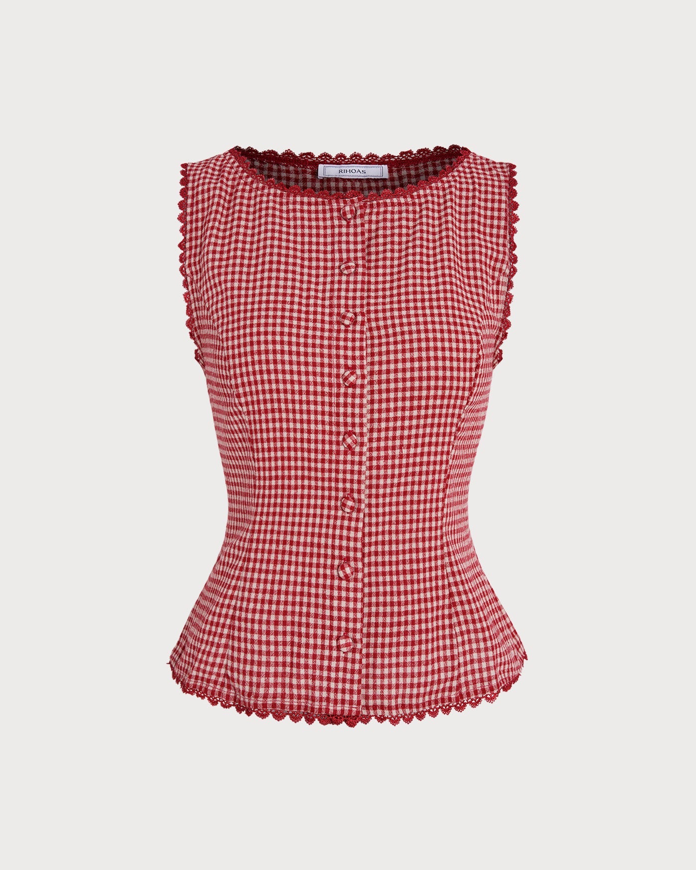 Red Gingham Boat Neck Sleeveless Tank Top