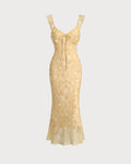 Yellow Floral Ruched Ruffle Midi Dress