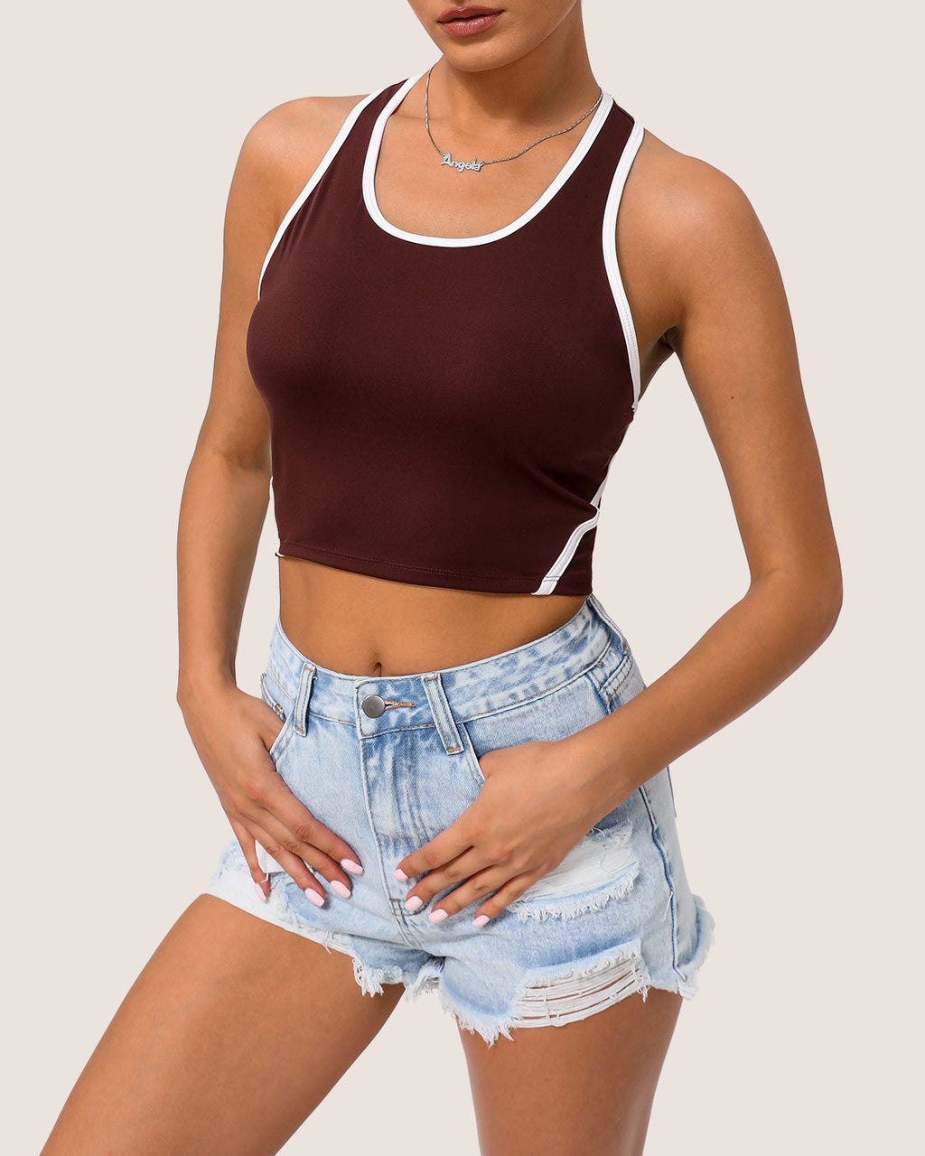 Brown Scoop Neck Yoga Tank Top - Light Support