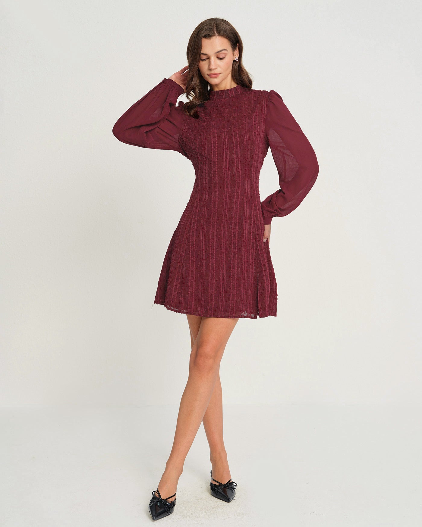 Wine Red Chiffon Mock Neck Mini Dress
