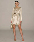 Apricot Boat Neck Satin A-Line Mini Dress