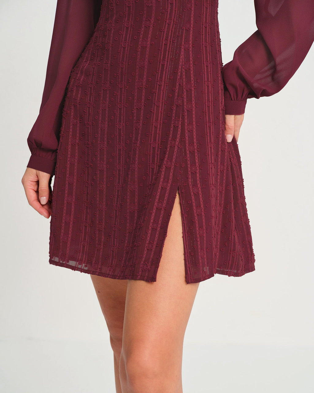 Wine Red Chiffon Mock Neck Mini Dress