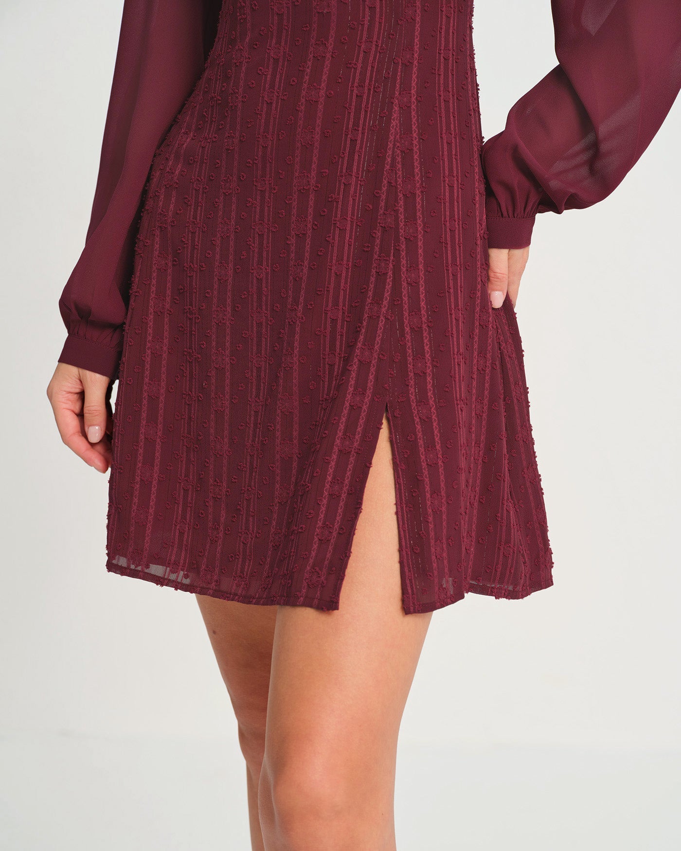 Wine Red Chiffon Mock Neck Mini Dress