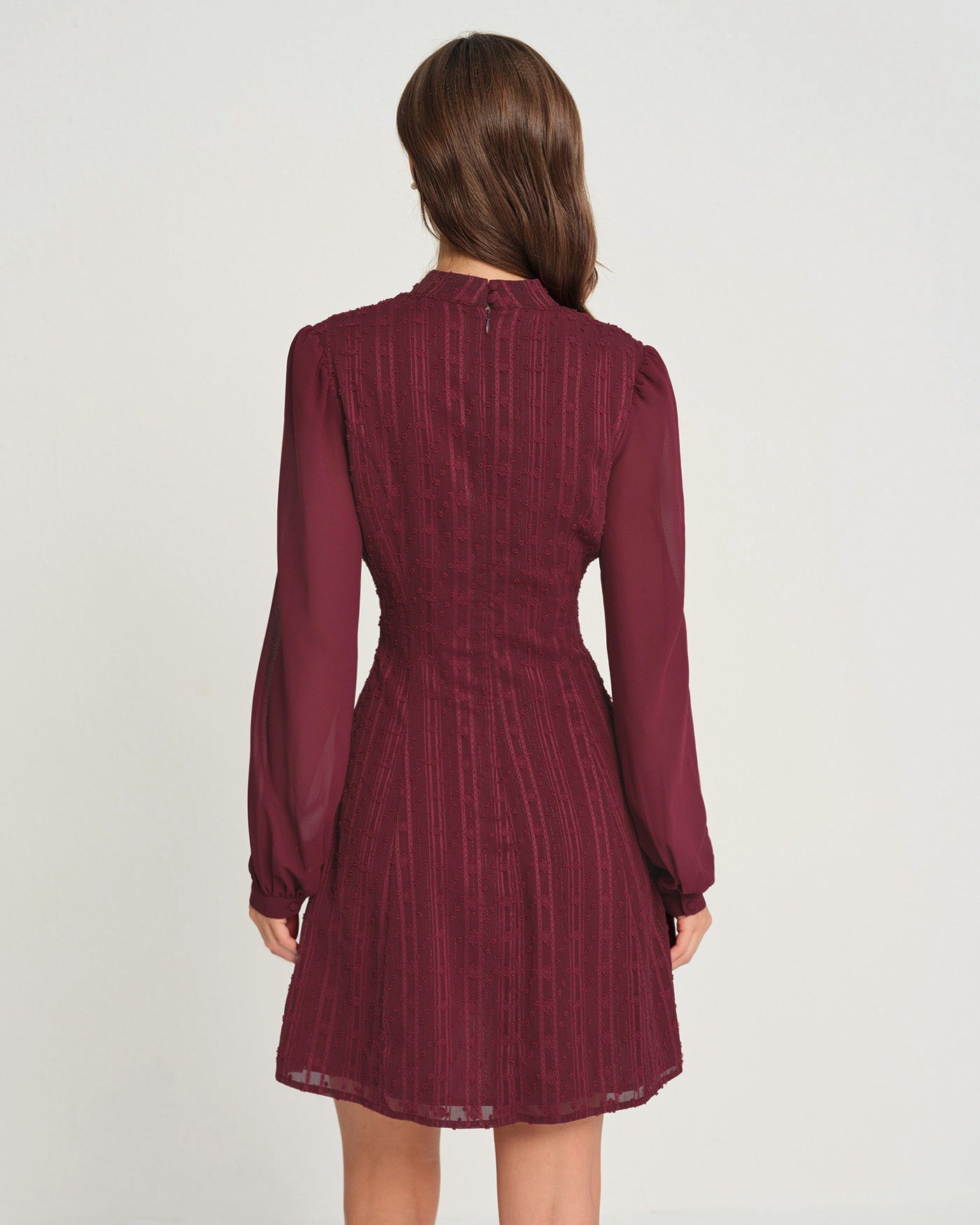 Wine Red Chiffon Mock Neck Mini Dress