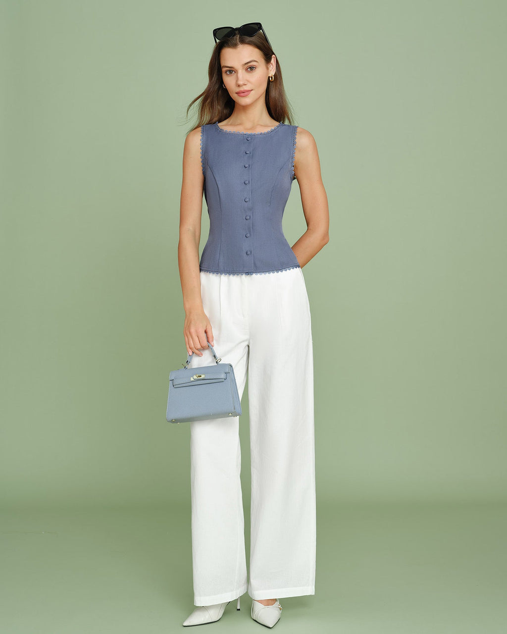 Blue Boat Neck Single Breasted Vest
