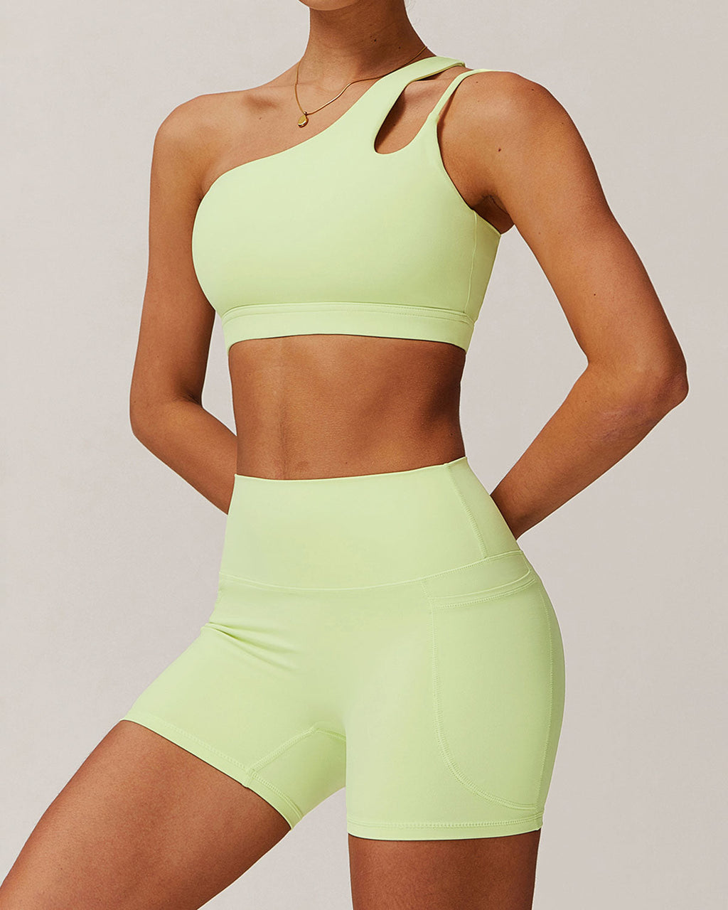 Green Cropped One Shoulder Yoga Cami Top - Light Support