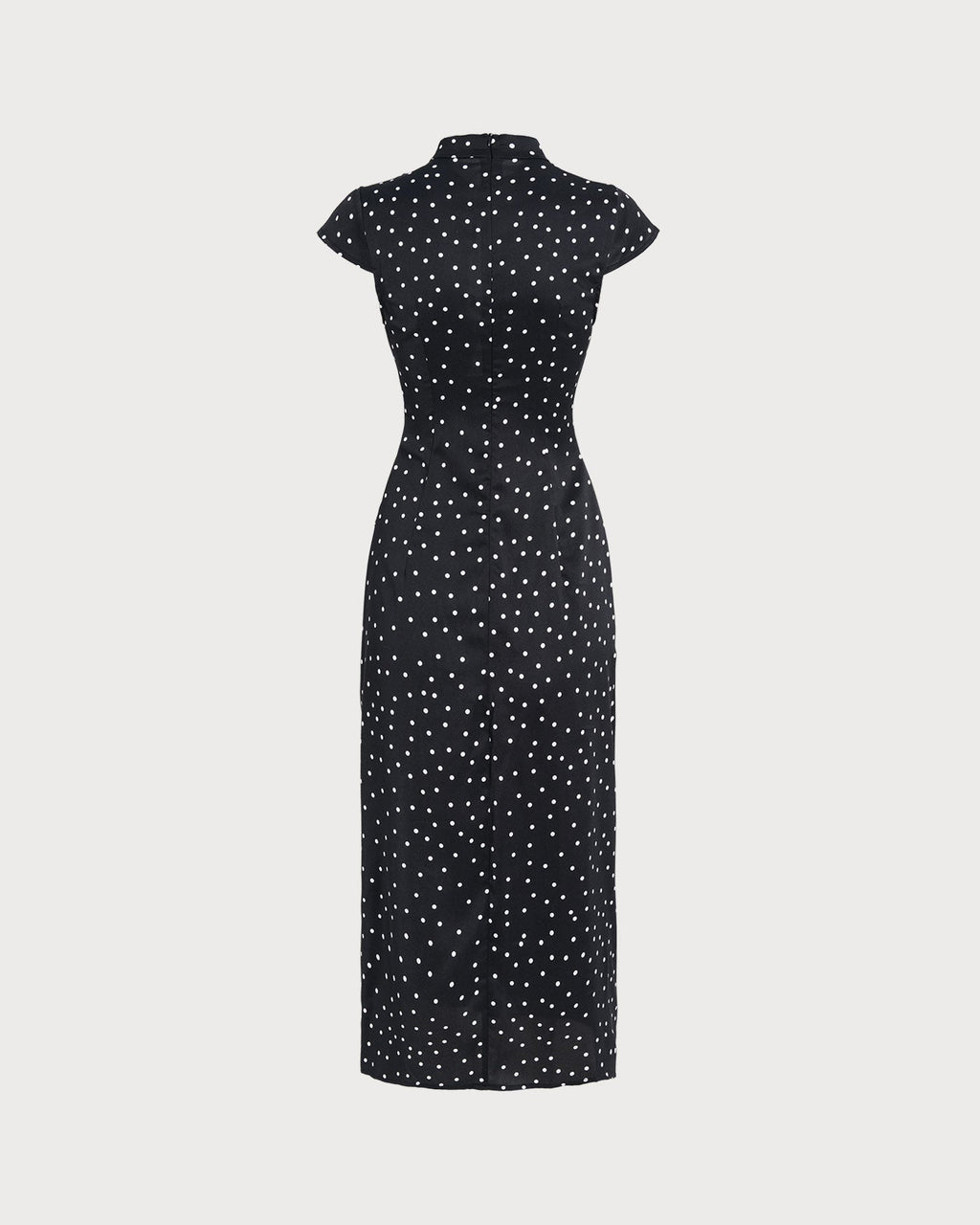 Black Mandarin Collar Polka Dot Midi Dress