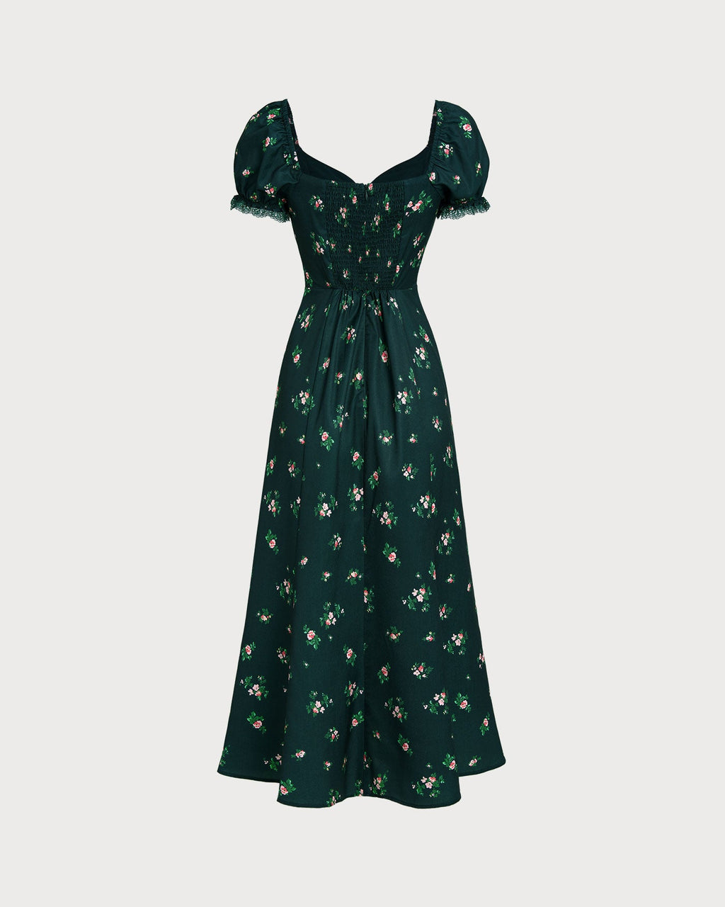 Green Puffed Sleeve Floral Midi Dress