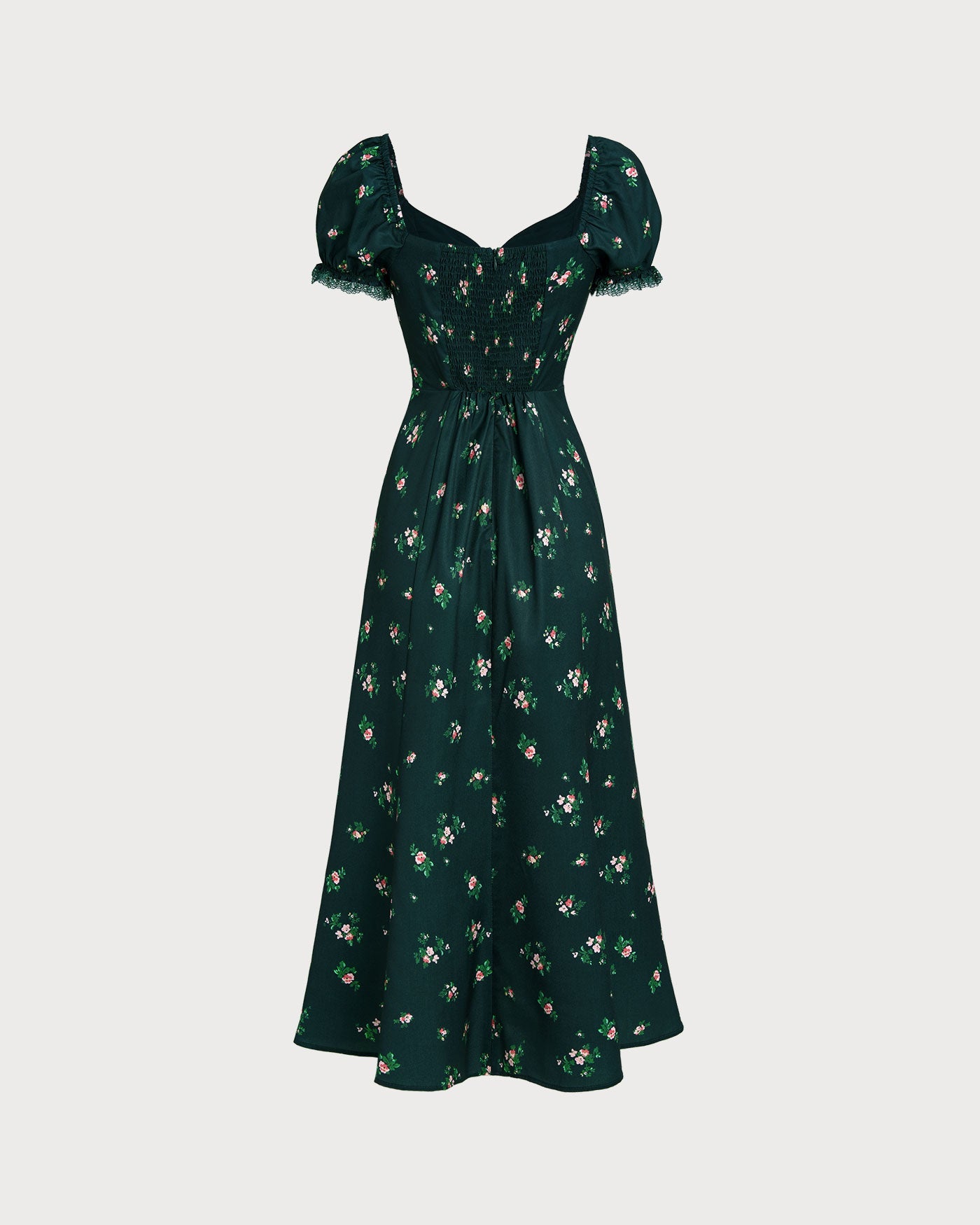 Green Puffed Sleeve Floral Midi Dress