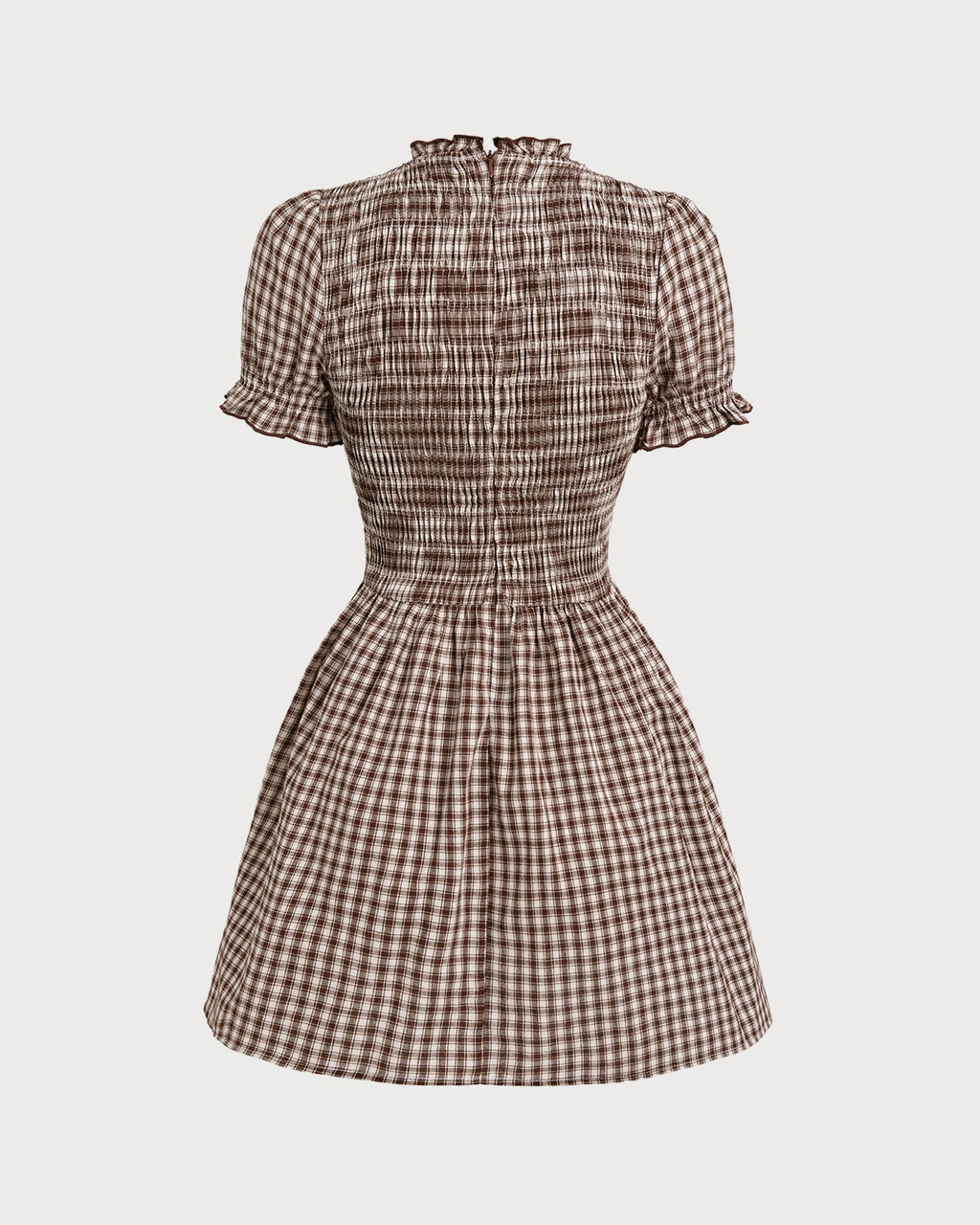Coffee Gingham Puffed Sleeve Mini Dress