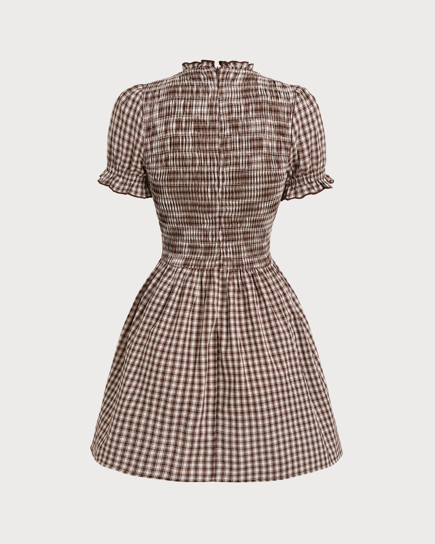 Coffee Gingham Puffed Sleeve Mini Dress