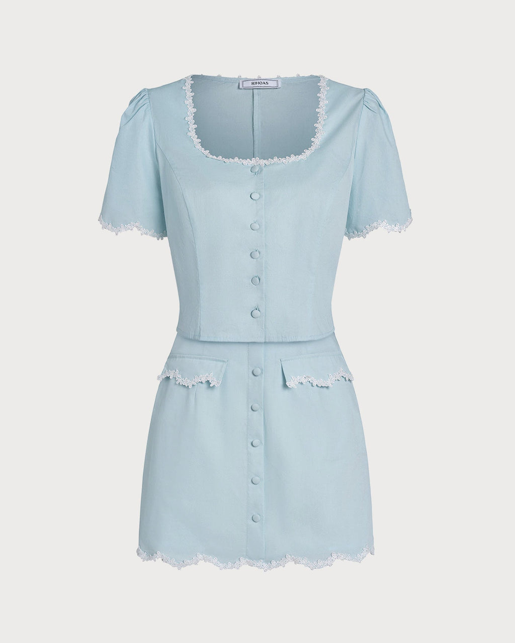 Light Blue Lace Button Square Neck Shirt