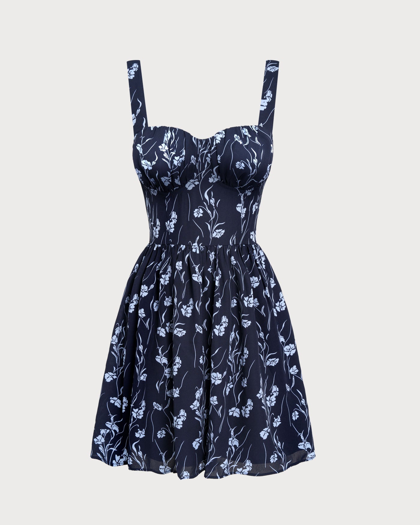 Navy Sweetheart Neck Floral Mini Dress