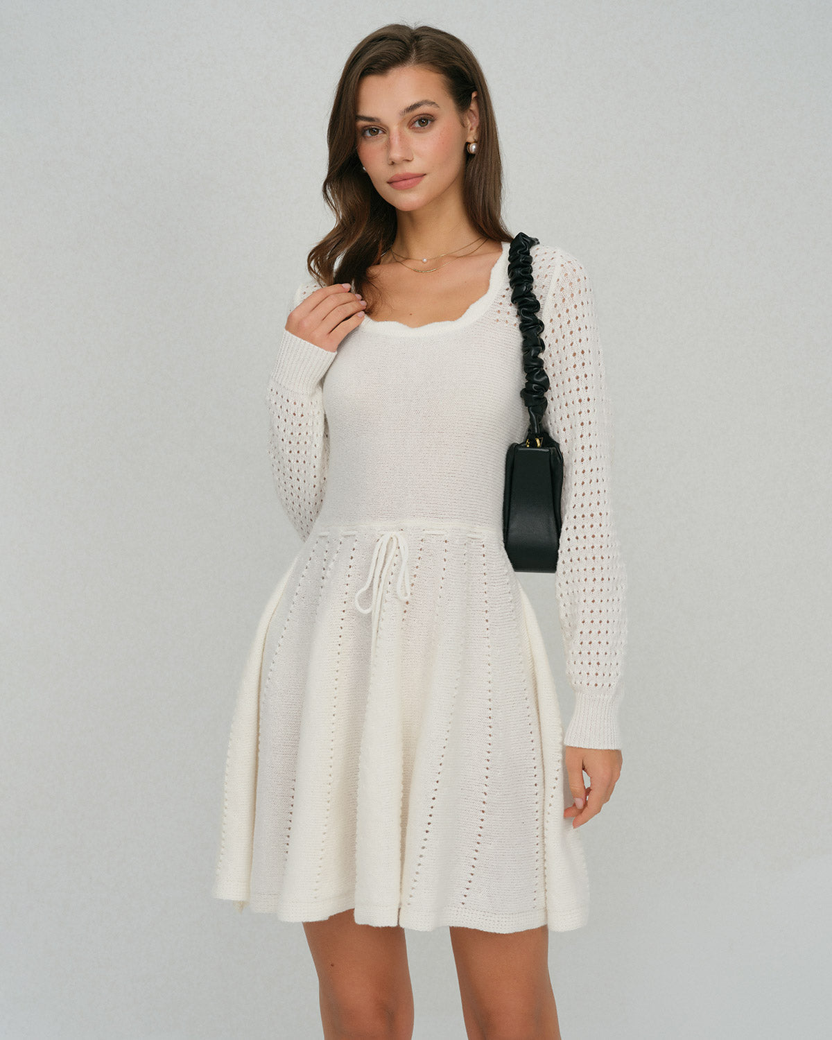 White Scalloped A-Line Sweater Dress