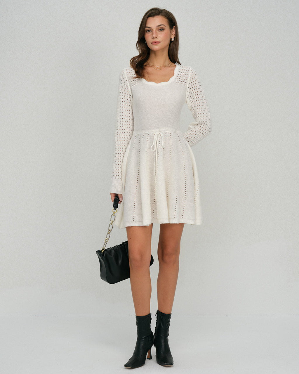 White Scalloped A-Line Sweater Dress
