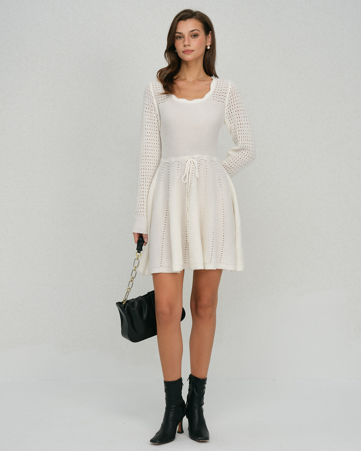 White Scalloped A-Line Sweater Dress