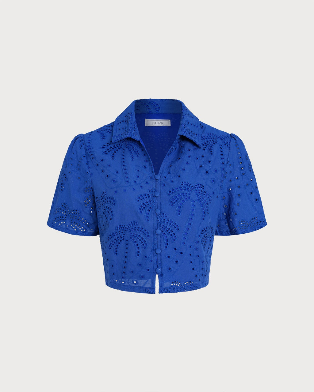 Blue Textured Button Collar Blouse