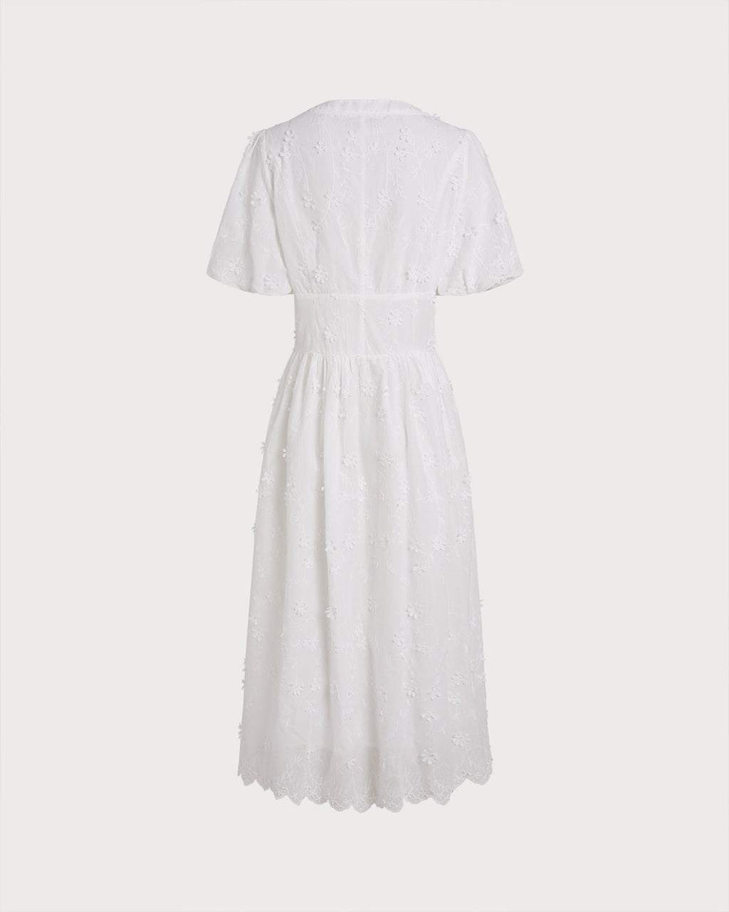 White Round Neck Floral Midi Dress