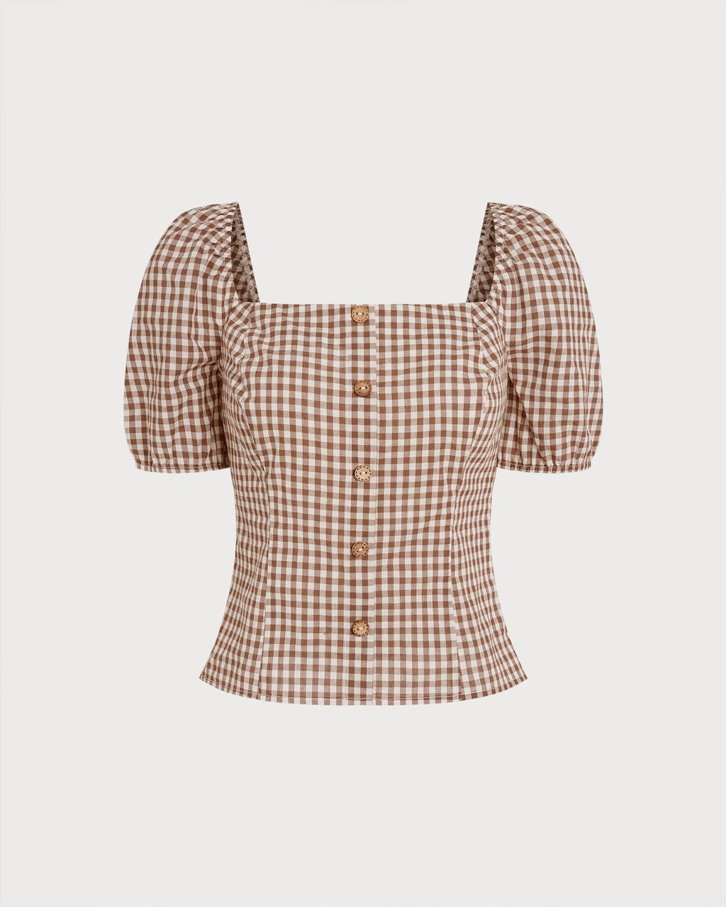 Brown Square Neck Puffed Sleeve Plaid Blouse