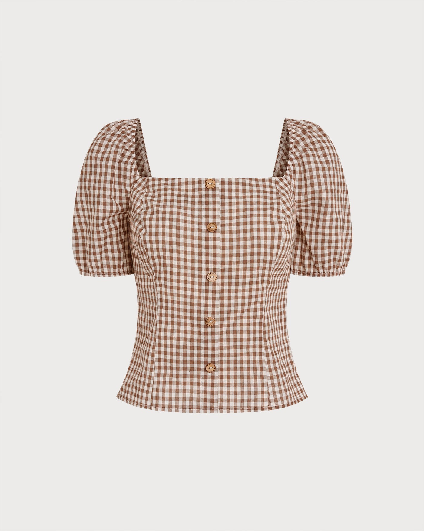 Brown Square Neck Puffed Sleeve Plaid Blouse