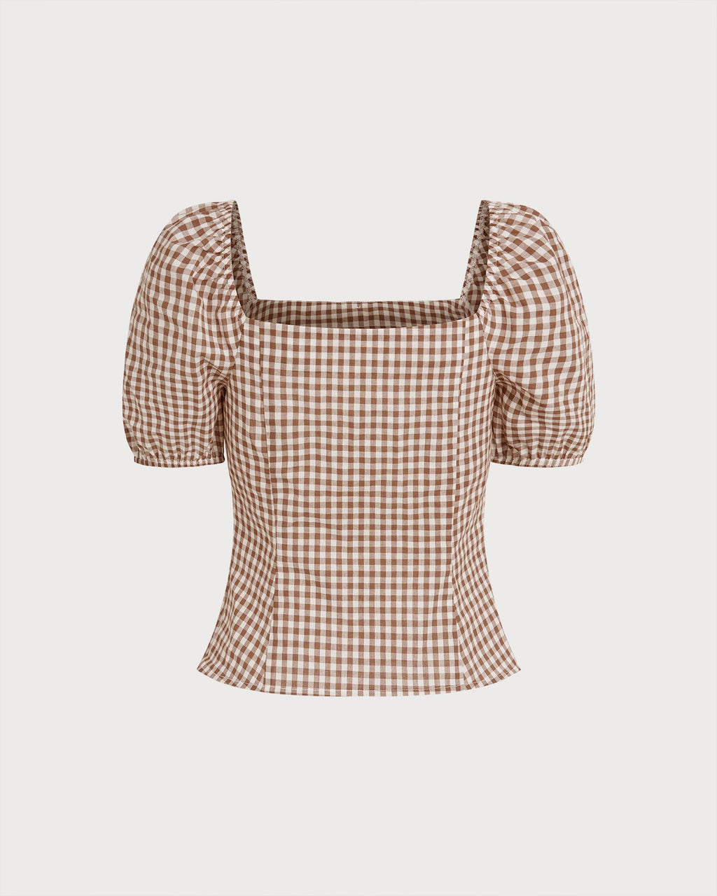 Brown Square Neck Puffed Sleeve Plaid Blouse