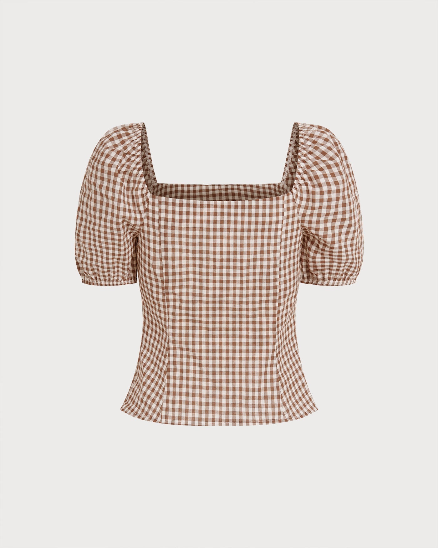 Brown Square Neck Puffed Sleeve Plaid Blouse