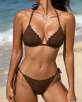 Coffee Halter Embroidery Bikini Set