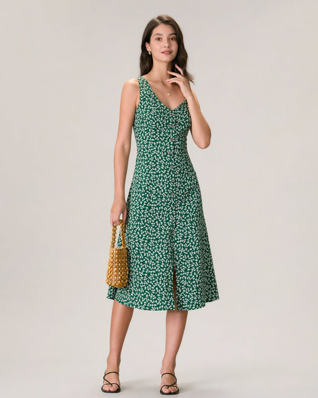 The Green V Neck Floral Button Midi Dress