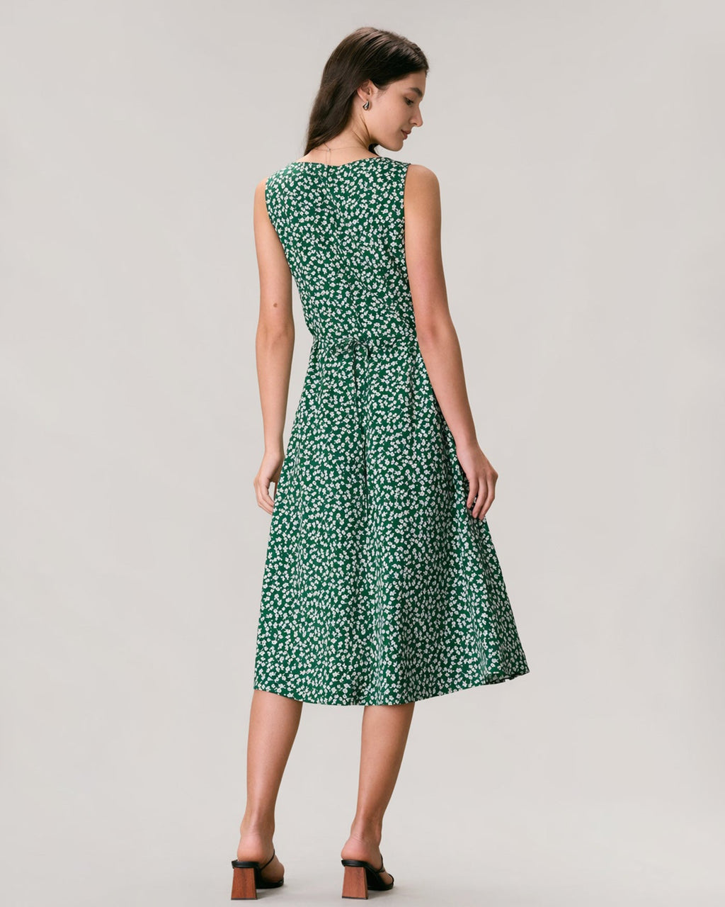 The Green V Neck Floral Button Midi Dress
