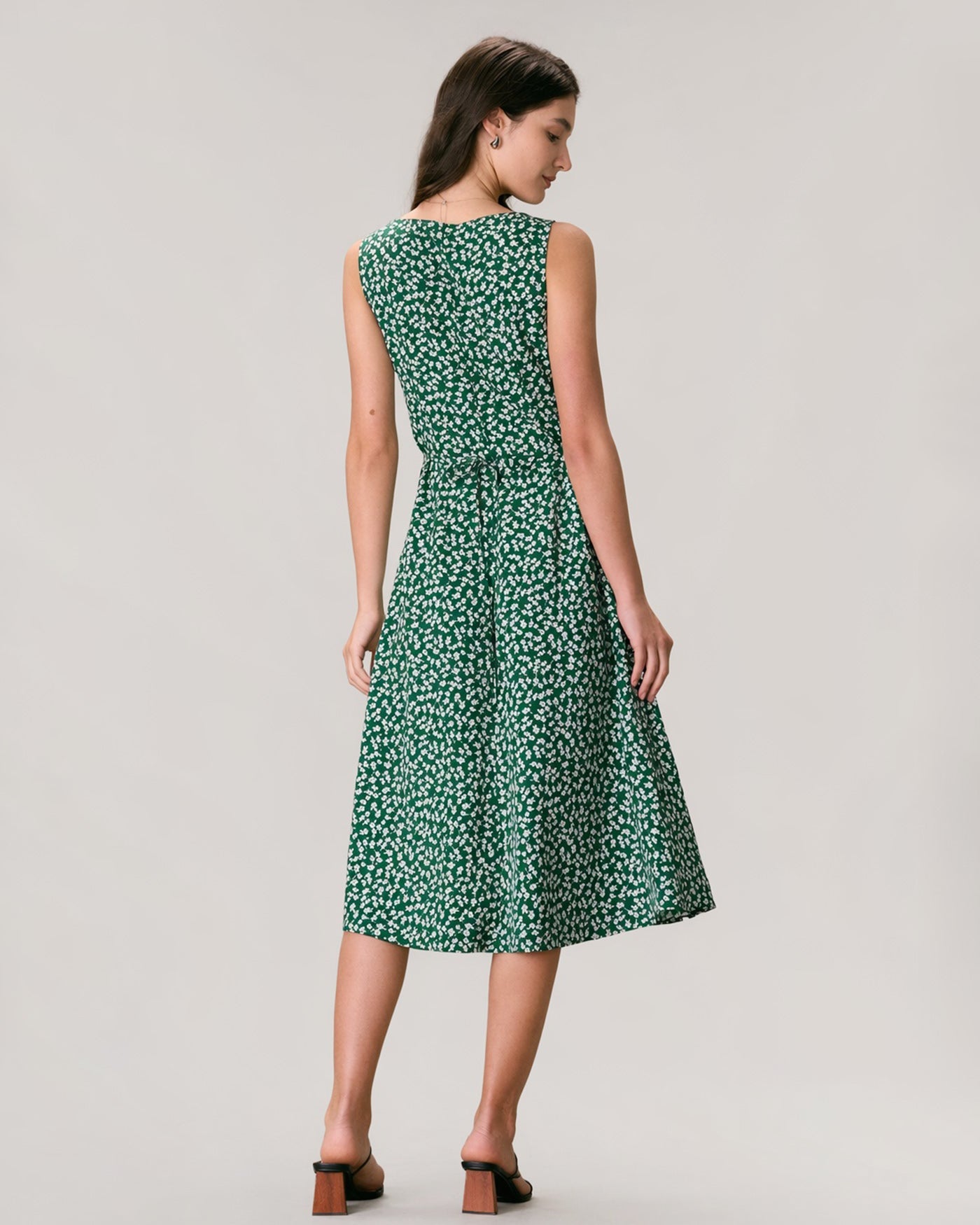 The Green V Neck Floral Button Midi Dress