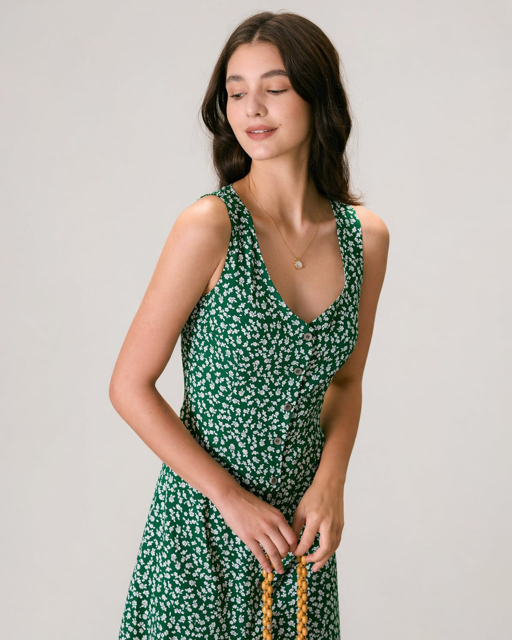 The Green V Neck Floral Button Midi Dress