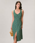 The Green V Neck Floral Button Midi Dress