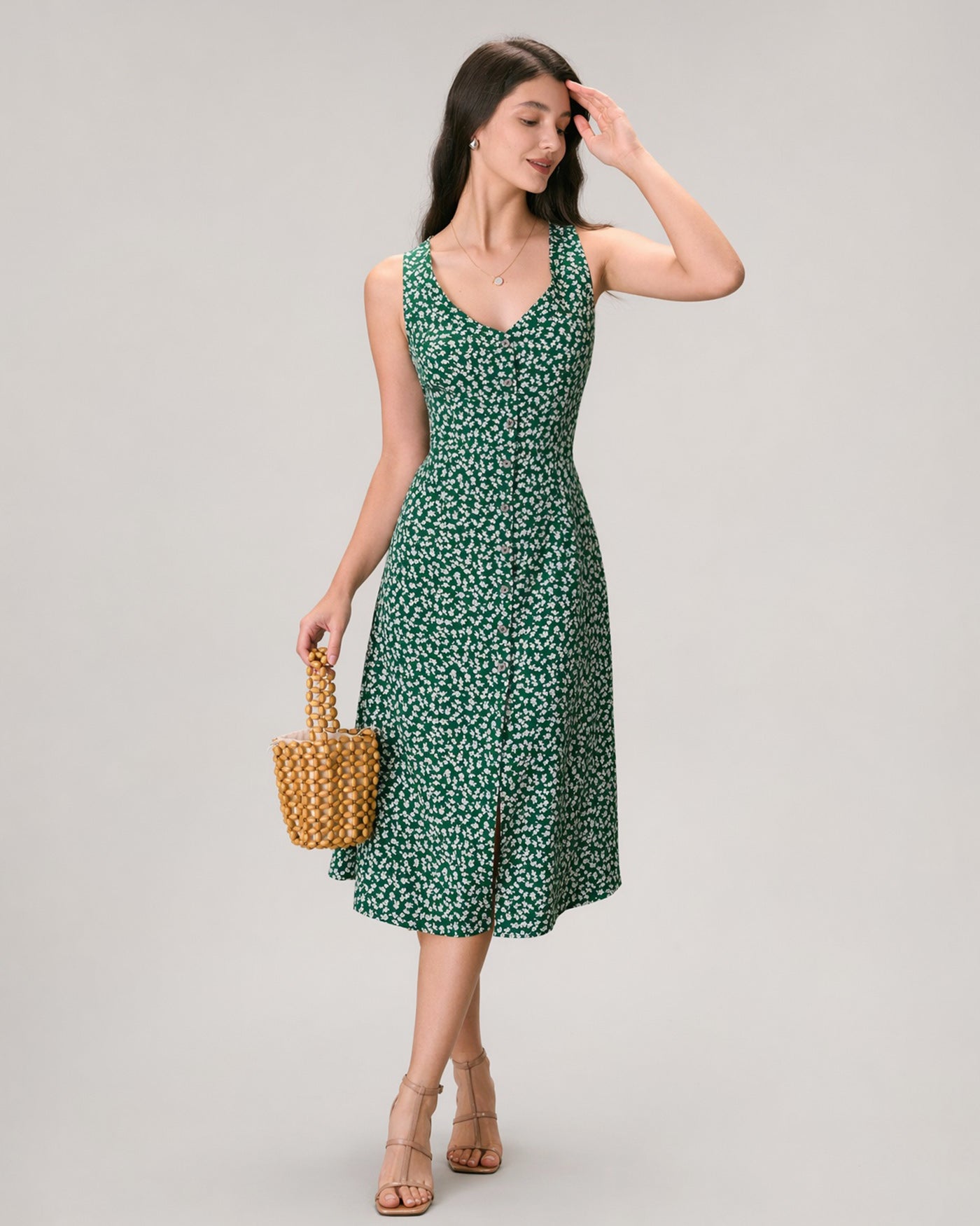 The Green V Neck Floral Button Midi Dress