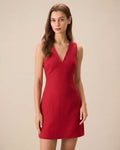 The Red V Neck Sleeveless Linen Mini Dress