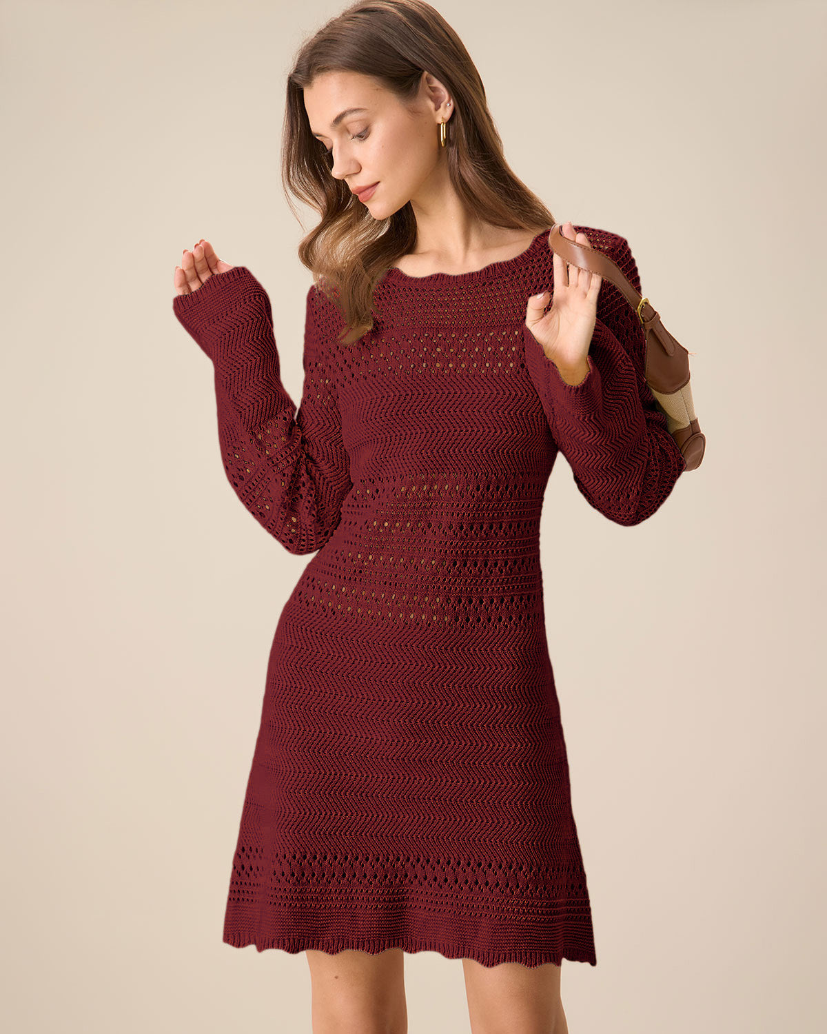 Wine Red Bell Sleeve A-Line Sweater Dress