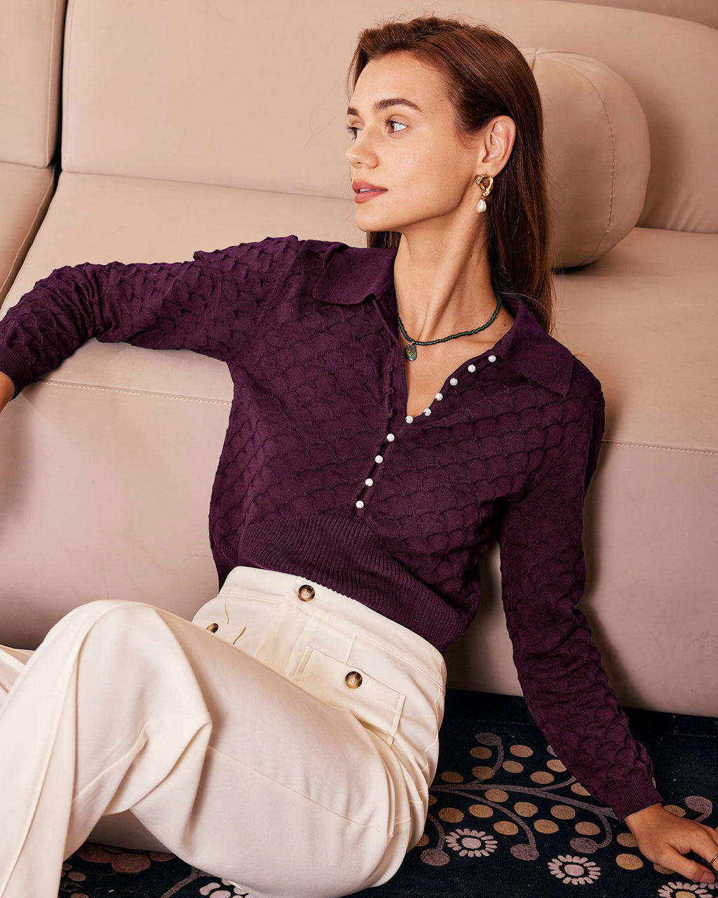 Purple Pearl Buttons Knit Tee