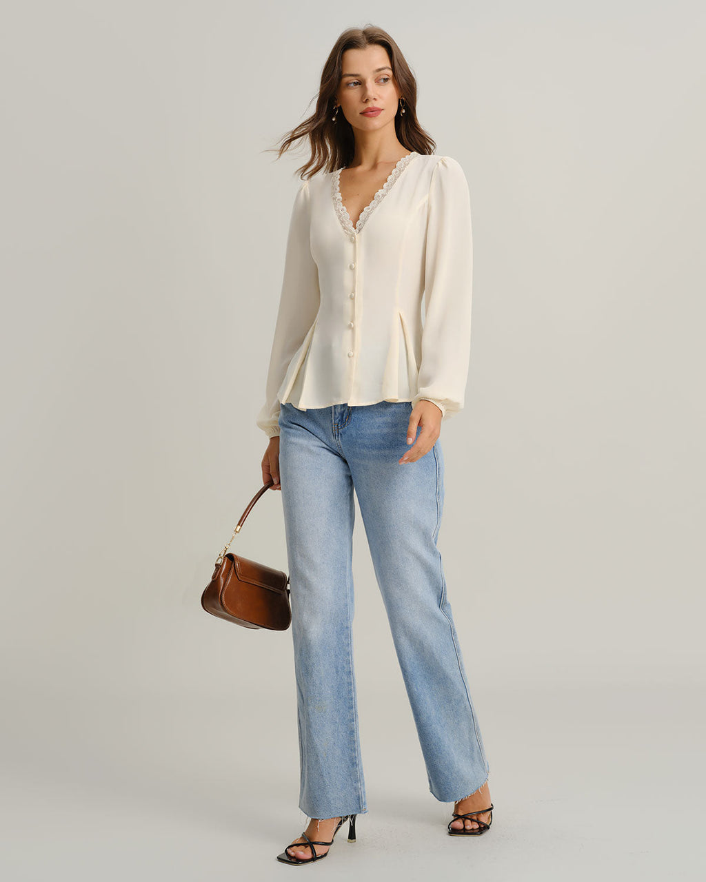 Apricot V Neck Lace Lantern Sleeve Blouse